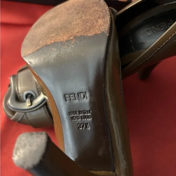 Fendi Olive/Army Green Patent Leather Buckle Peep-Toe Heels - Picture 16 of 16